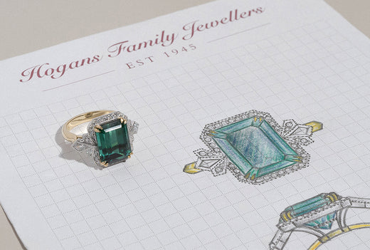 Yellow and white gold cluster style art deco ring with emerald cut green tourmaline and natural white diamonds.