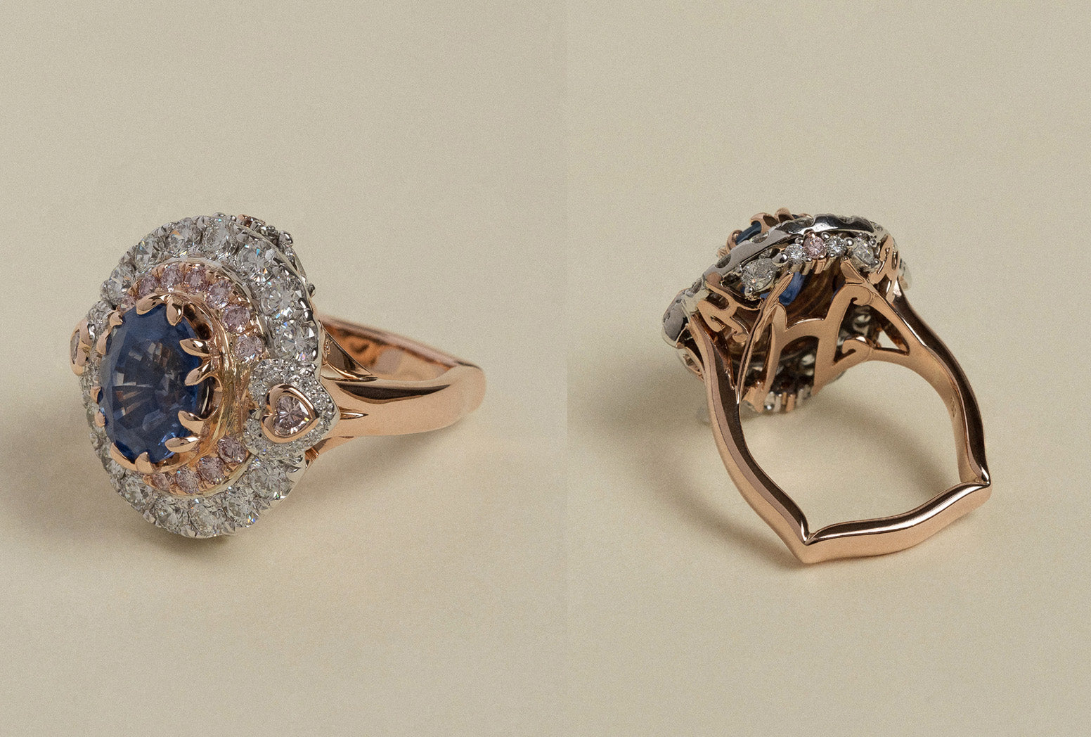 Rose and white gold cluster ring with Ceylon sapphire, natural white diamonds, and Australian pink diamonds.
