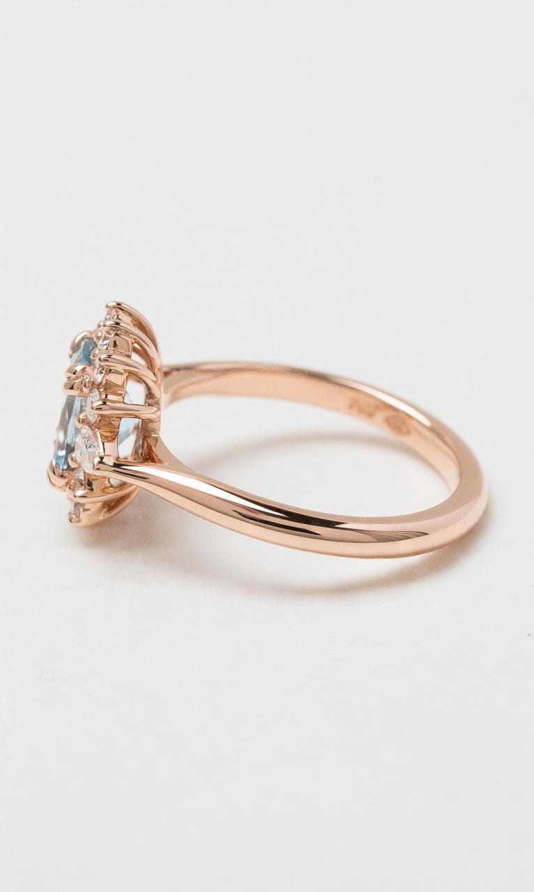 2024 © Hogans Family Jewellers 18K RG Cushion Aquamarine & Diamond Halo Ring