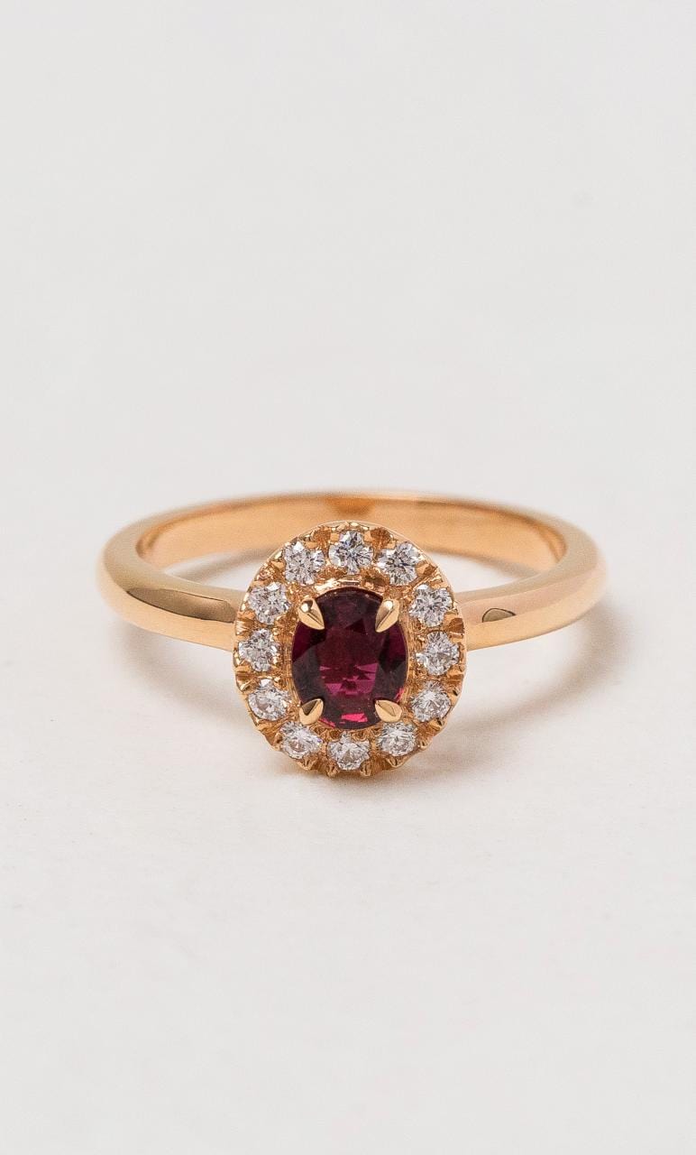 2024 © Hogans Family Jewellers 18K RG Oval African Ruby Halo Style Ring