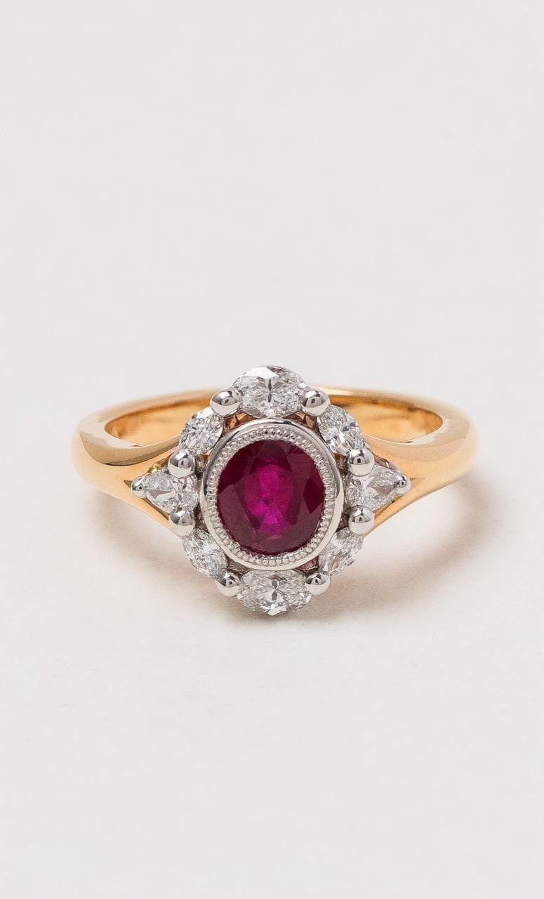 2024 © Hogans Family Jewellers 18K RWG Burmese Ruby Cluster Dress Ring