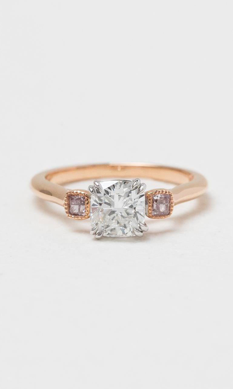 2024 © Hogans Family Jewellers 18K RWG Cushion Cut Pink & White Diamond Trilogy Ring