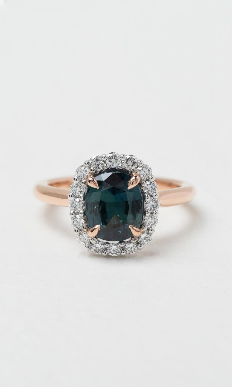 2024 © Hogans Family Jewellers 18K RWG Oval Australian Sapphire & Diamond Halo Ring