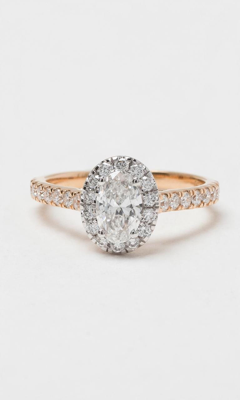 2024 © Hogans Family Jewellers 18K RWG Oval Cut Diamond Halo Style Ring