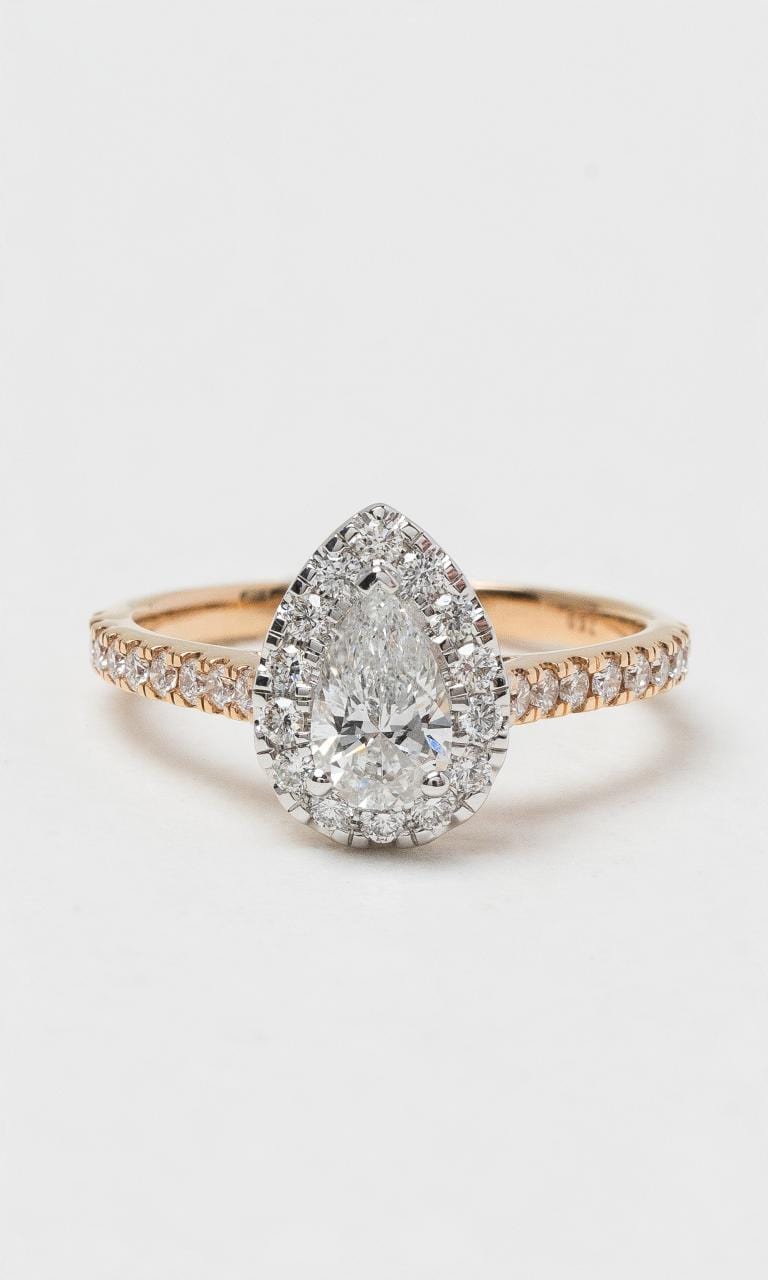 2024 © Hogans Family Jewellers 18K RWG Pear Cut Diamond Halo Style Ring