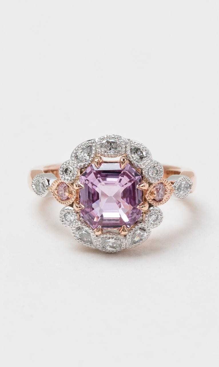 2024 © Hogans Family Jewellers 18K RWG Radiant Cut Pink Sapphire Cluster Ring