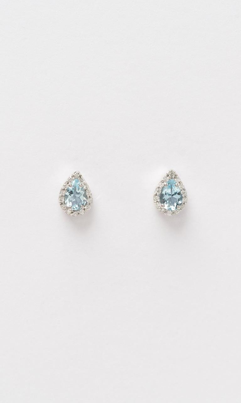 2024 © Hogans Family Jewellers 18K WG Pear Cut Aquamarine & Diamond Halo Stud Earrings