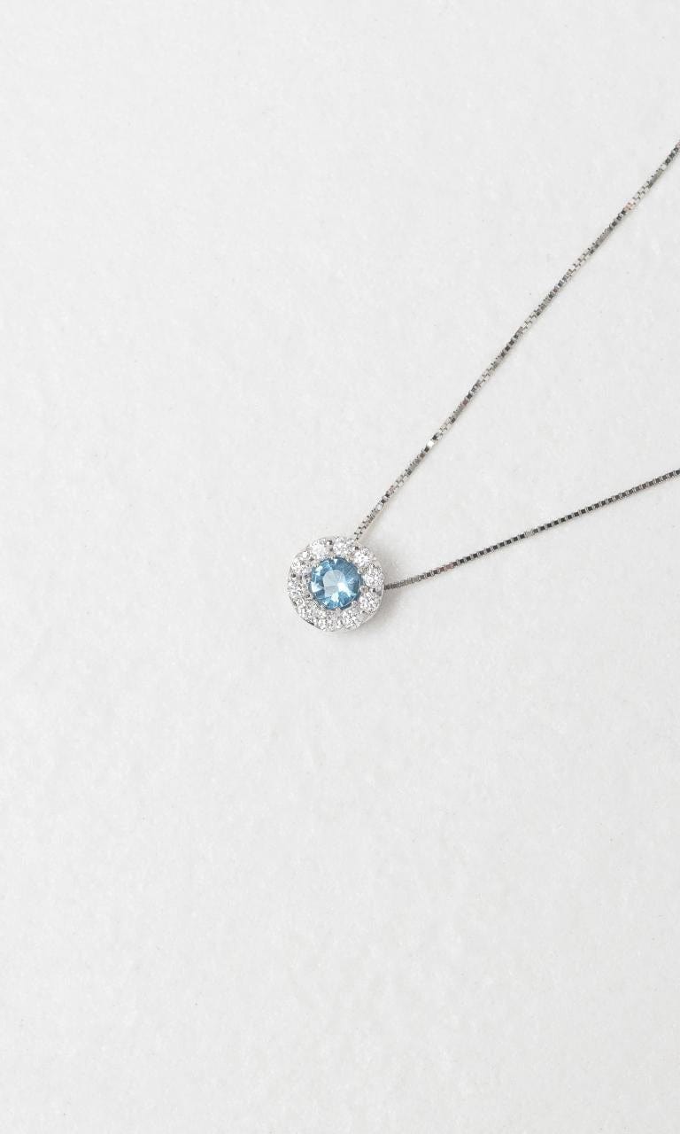 2024 © Hogans Family Jewellers 18K WG Round Aquamarine & Diamond Halo Necklace