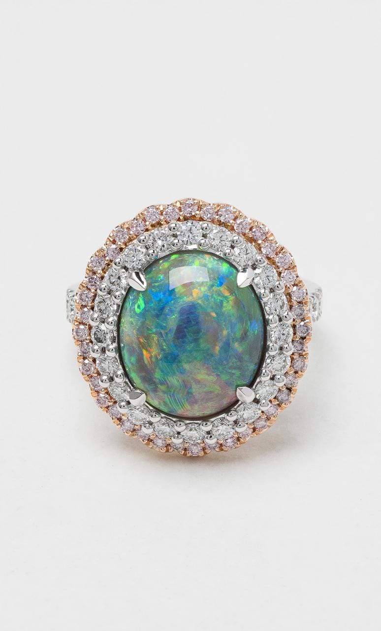 2024 © Hogans Family Jewellers 18K WRG Black Crystal Opal & Diamond Halo Ring