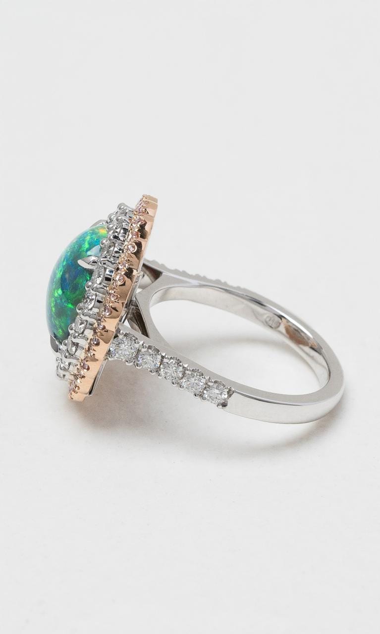 2024 © Hogans Family Jewellers 18K WRG Black Crystal Opal & Diamond Halo Ring