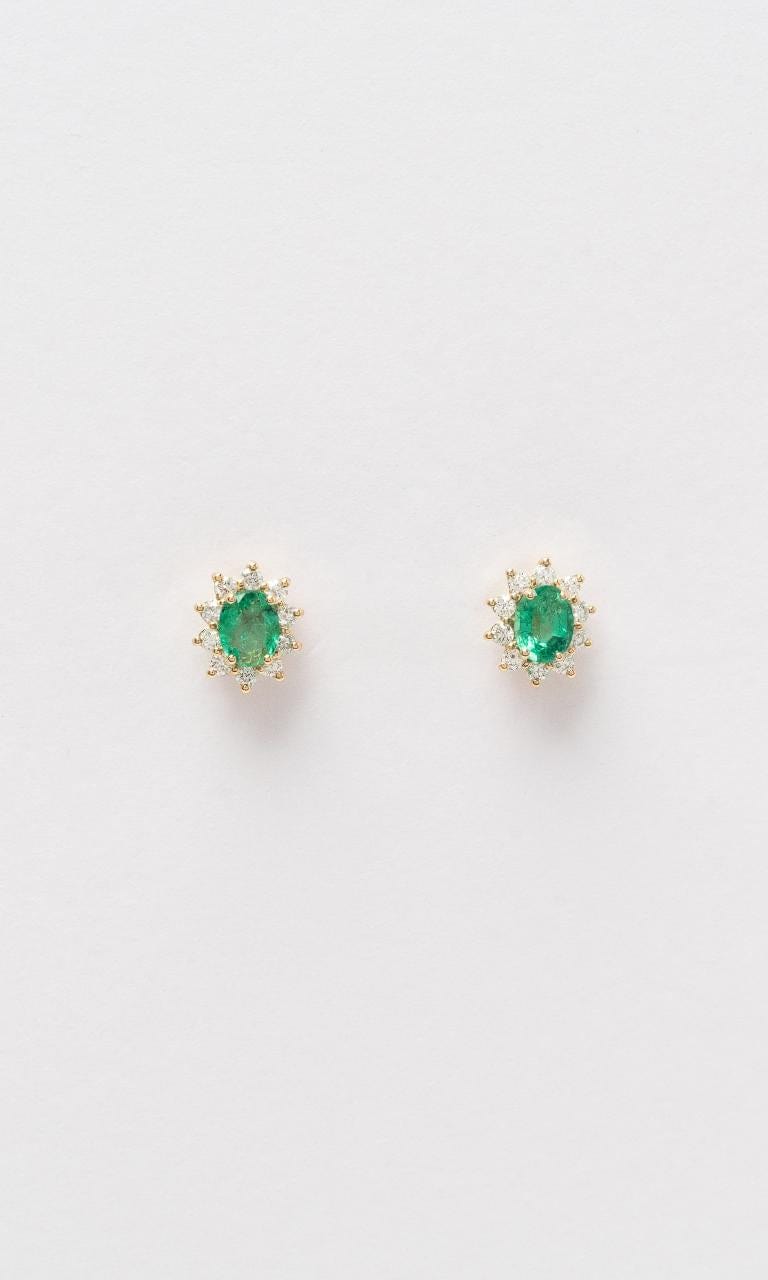 2024 © Hogans Family Jewellers 18K YG Oval Cut Emerald & Diamond Cluster Stud Earrings