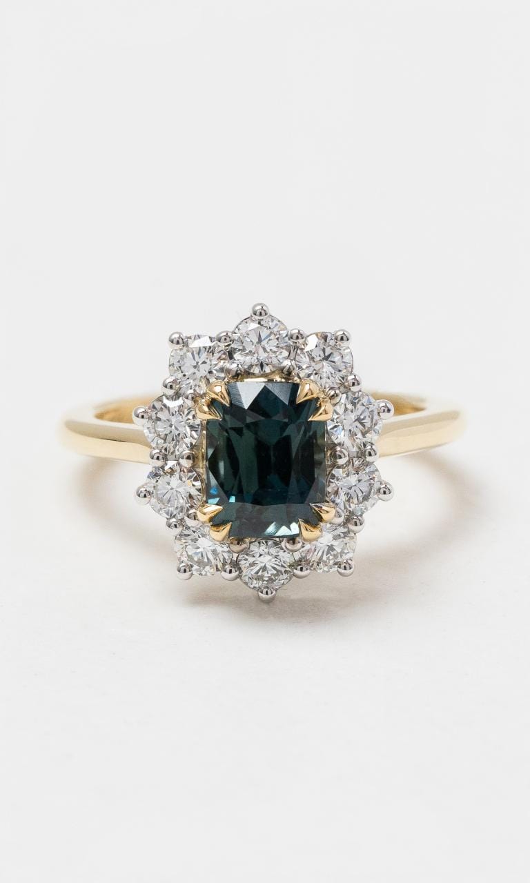 2024 © Hogans Family Jewellers 18K YWG Cushion Teal Sapphire & Diamond Cluster Ring