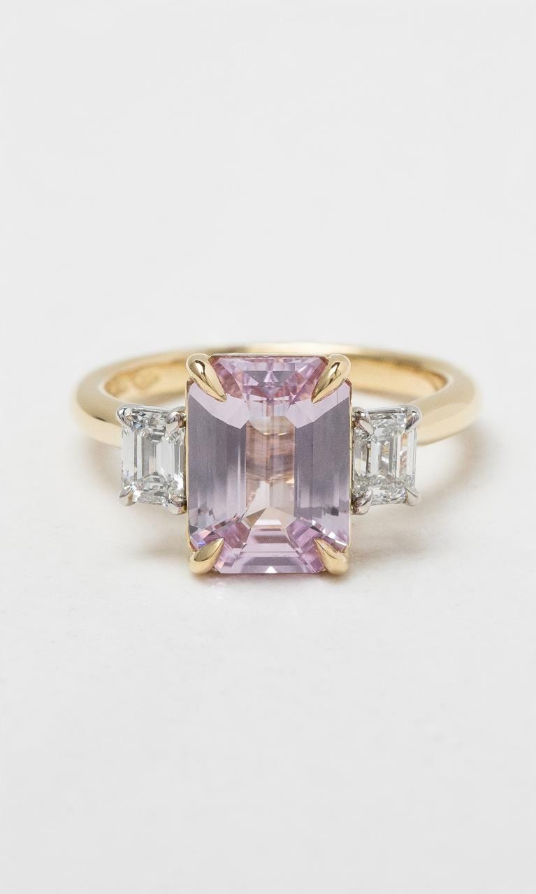 2024 © Hogans Family Jewellers 18K YWG Emerald Cut Pink Sapphire Trilogy Ring