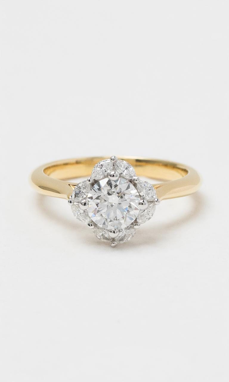 2024 © Hogans Family Jewellers 18K YWG Marquise & Round Brilliant Diamond Halo Ring