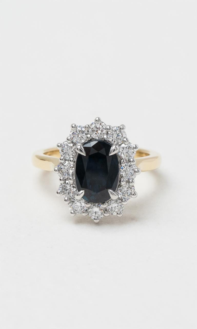 2024 © Hogans Family Jewellers 18K YWG Oval Australian Sapphire & Diamond Cluster Ring