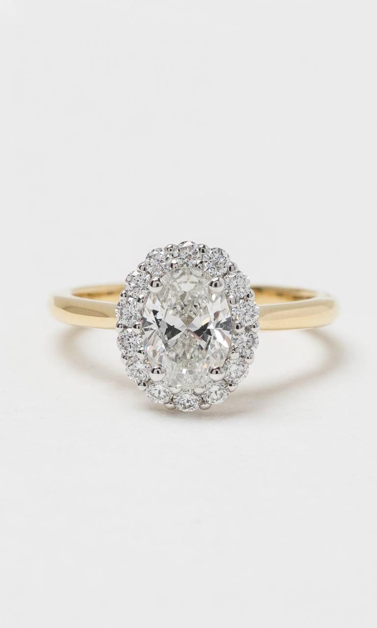 2024 © Hogans Family Jewellers 18K YWG Oval Cut Diamond Halo Style Ring