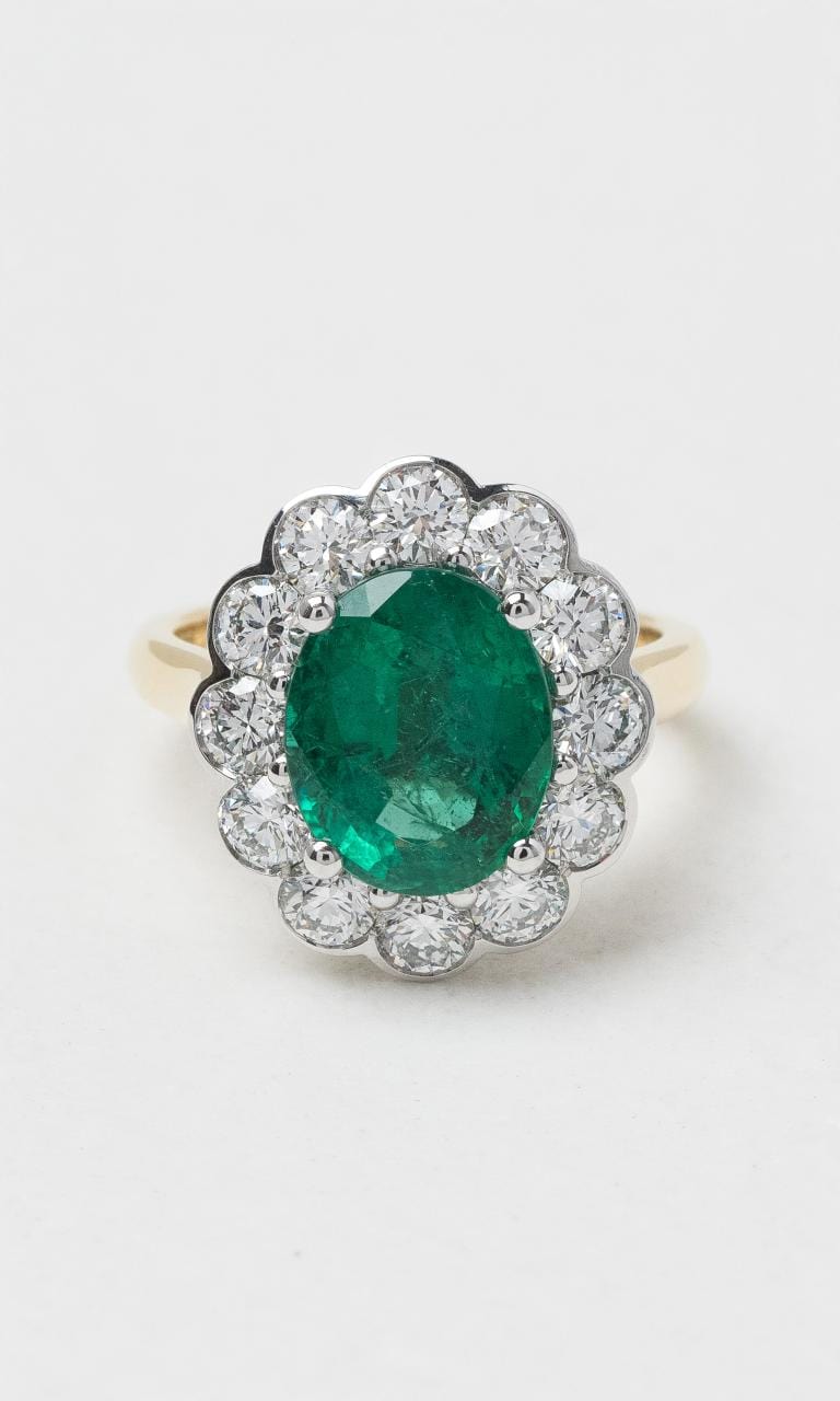 2024 © Hogans Family Jewellers 18K YWG Oval Emerald & Diamond Cluster Ring