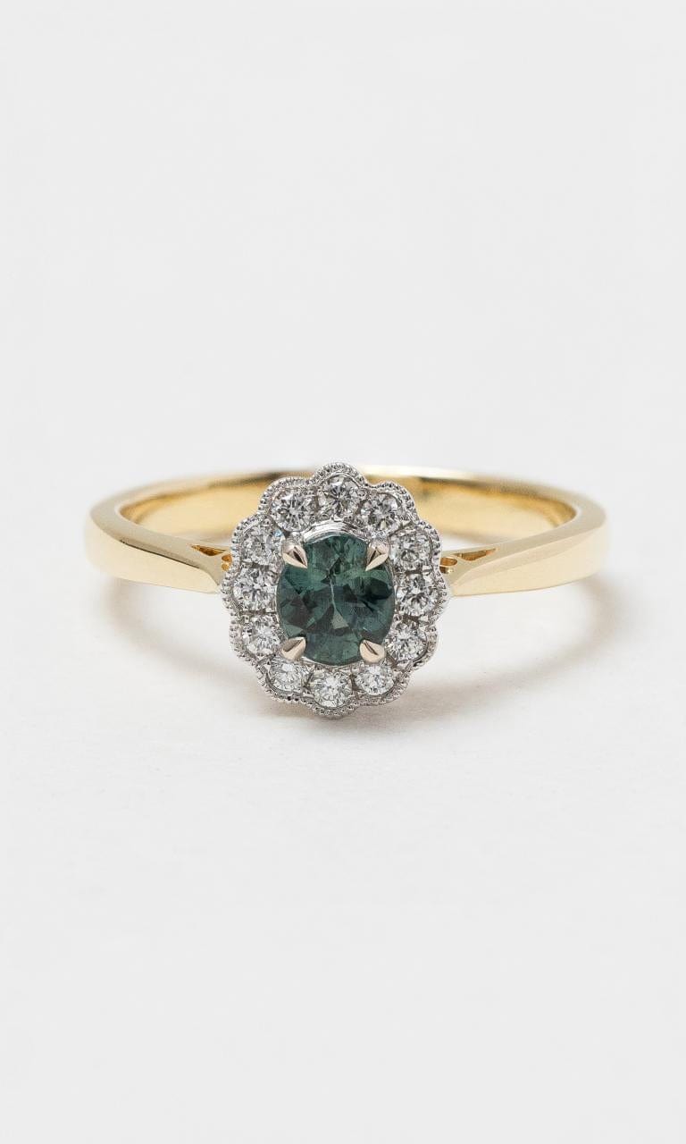 2024 © Hogans Family Jewellers 18K YWG Oval Green Sapphire & Diamond Cluster Ring