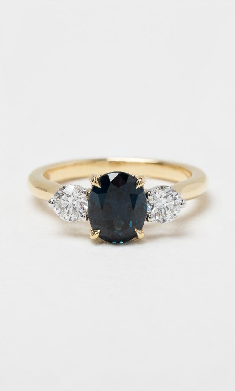 2024 © Hogans Family Jewellers 18K YWG Oval Sapphire & Diamond Trilogy Ring