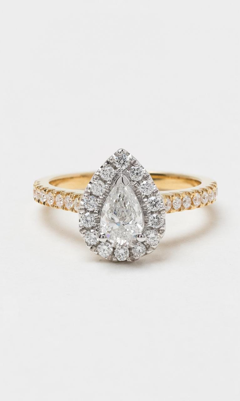 2024 © Hogans Family Jewellers 18K YWG Pear Cut Diamond Halo Ring