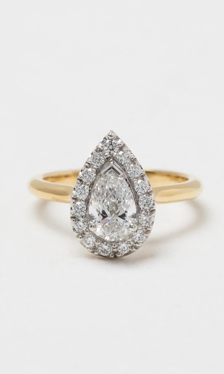 2024 © Hogans Family Jewellers 18K YWG Pear Cut Diamond Halo Ring