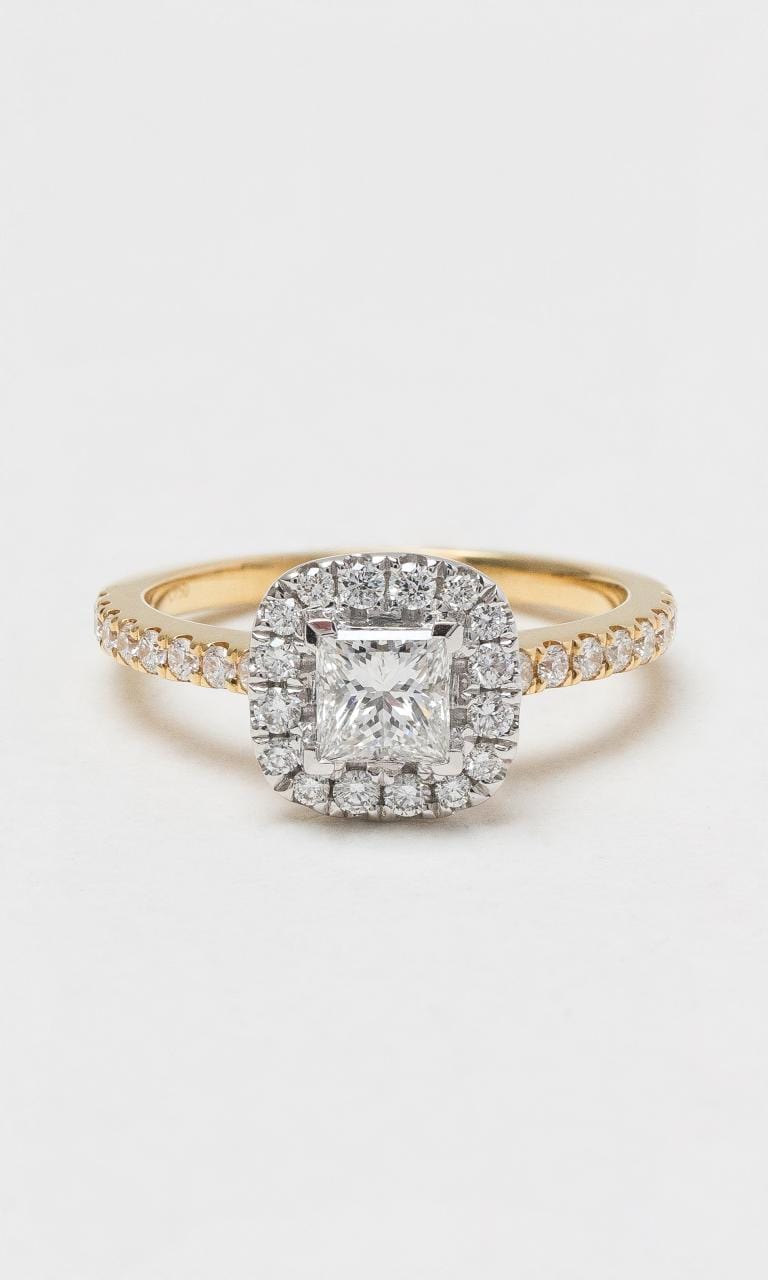 2024 © Hogans Family Jewellers 18K YWG Princess Cut Diamond Halo Ring