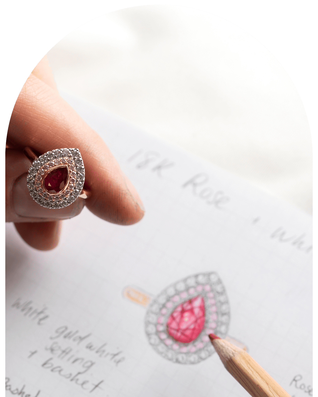 Hogans Family Jewellers jewellery designer holding pear shaped ruby and diamond cluster ring in left hand, and red colouring pencil in right hand with sketched ring design in background.