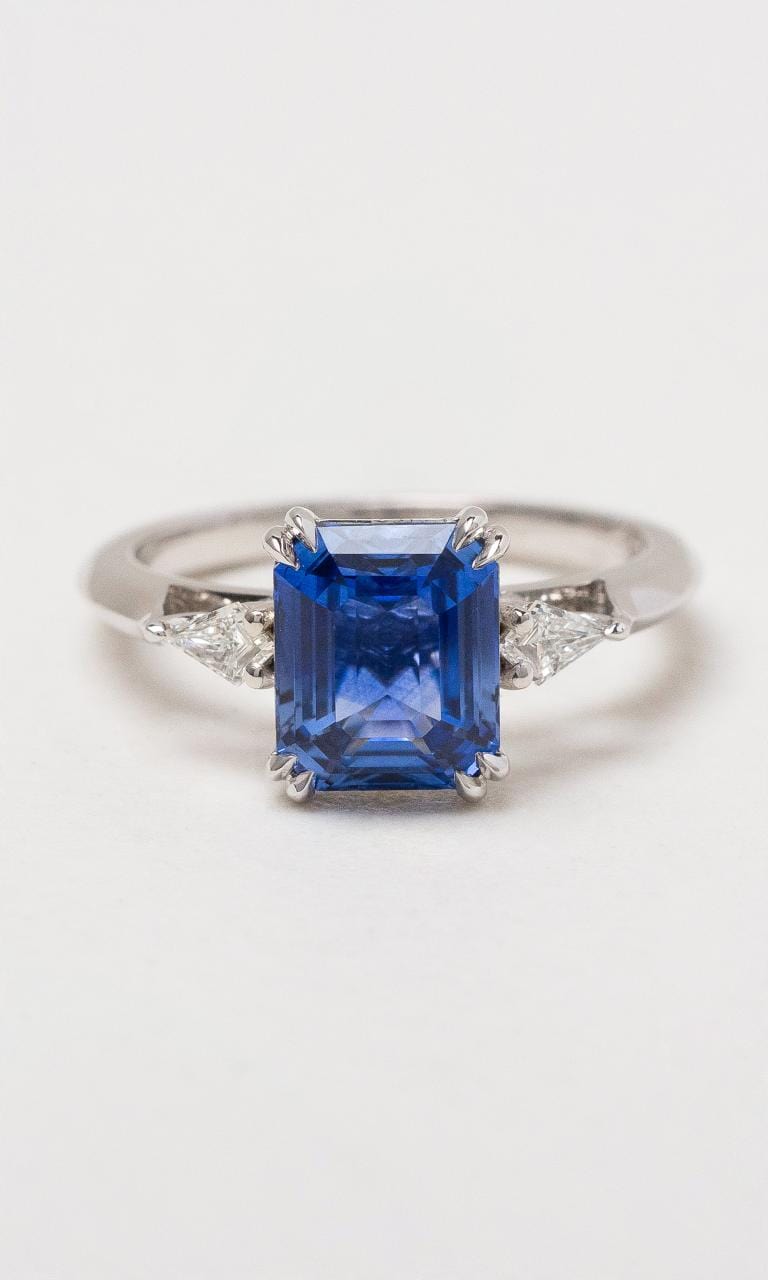 Hogans Family Jewellers 18CT WG Emerald Cut Ceylon Sapphire Trilogy Ring