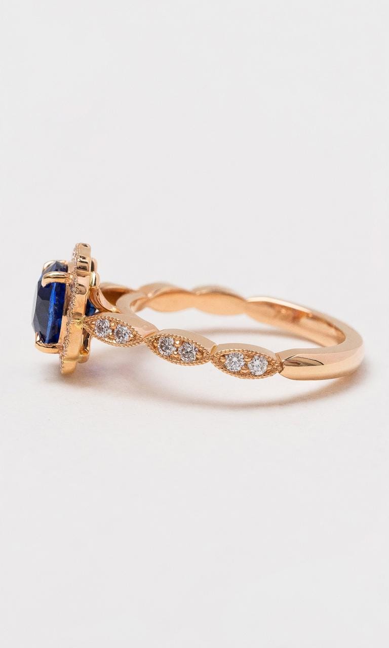 Hogans Family Jewellers 18K RG Cushion Cut Ceylon Sapphire Vintage Halo Ring