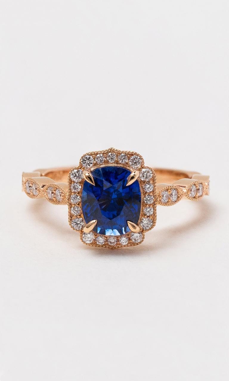 Hogans Family Jewellers 18K RG Cushion Cut Ceylon Sapphire Vintage Halo Ring