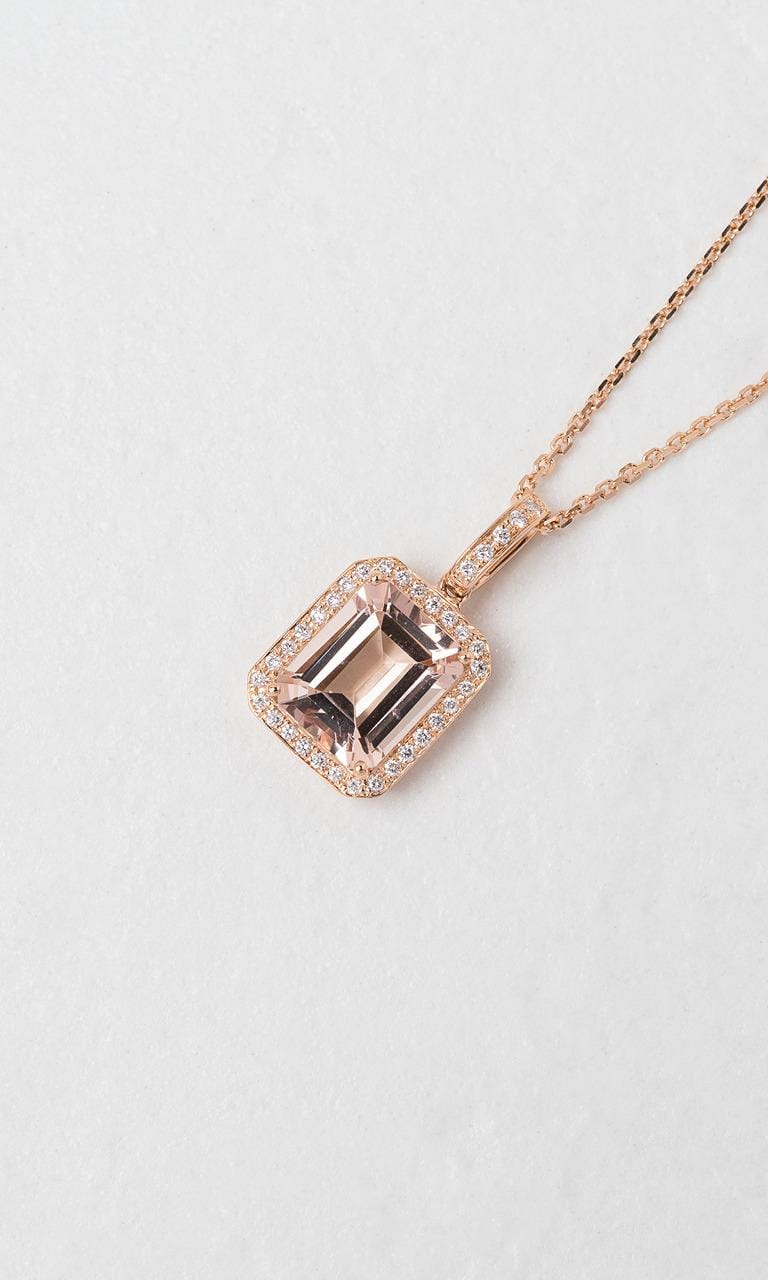 Hogans Family Jewellers 18K RG Emerald Cut Morganite Halo Pendant