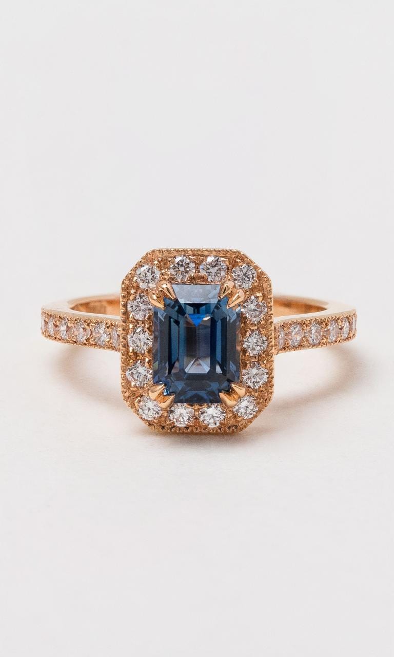 Hogans Family Jewellers 18K RG Emerald Cut Sapphire & Diamond Ring