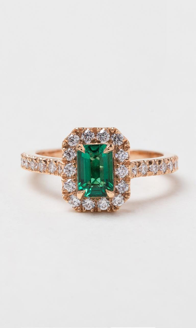 Hogans Family Jewellers 18K RG Emerald Cut Zambian Emerald Halo Dress Ring
