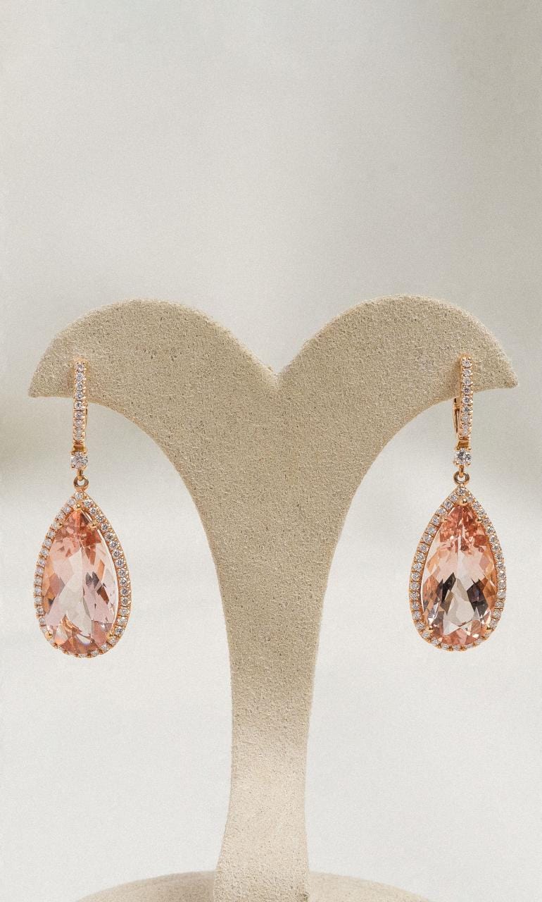 Hogans Family Jewellers 18K RG Pear Morganite & Diamond Drop Earrings