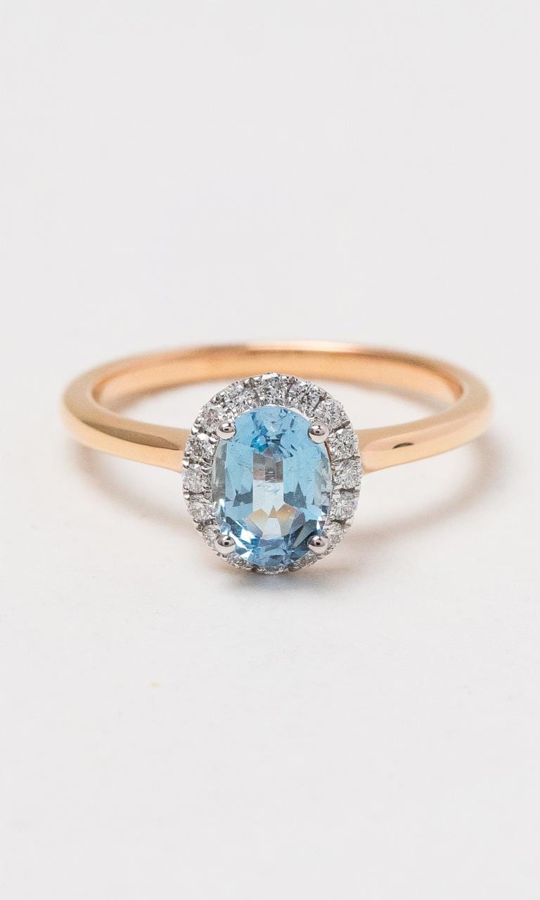 Hogans Family Jewellers 18K RWG Aquamarine & Diamond Halo Ring