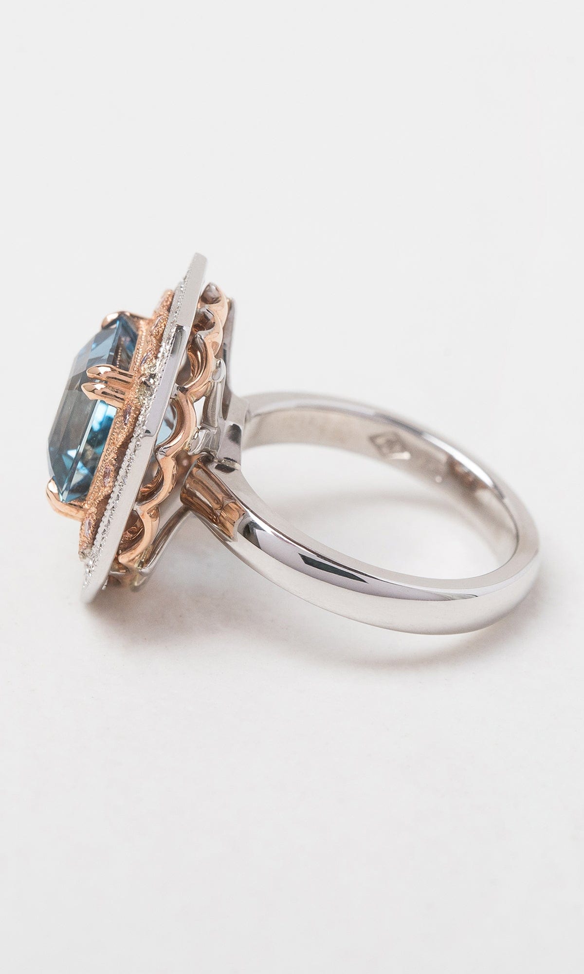 Hogans Family Jewellers 18K RWG Asscher Cut African Aquamarine & Australian Pink Diamond Halo Dress Ring
