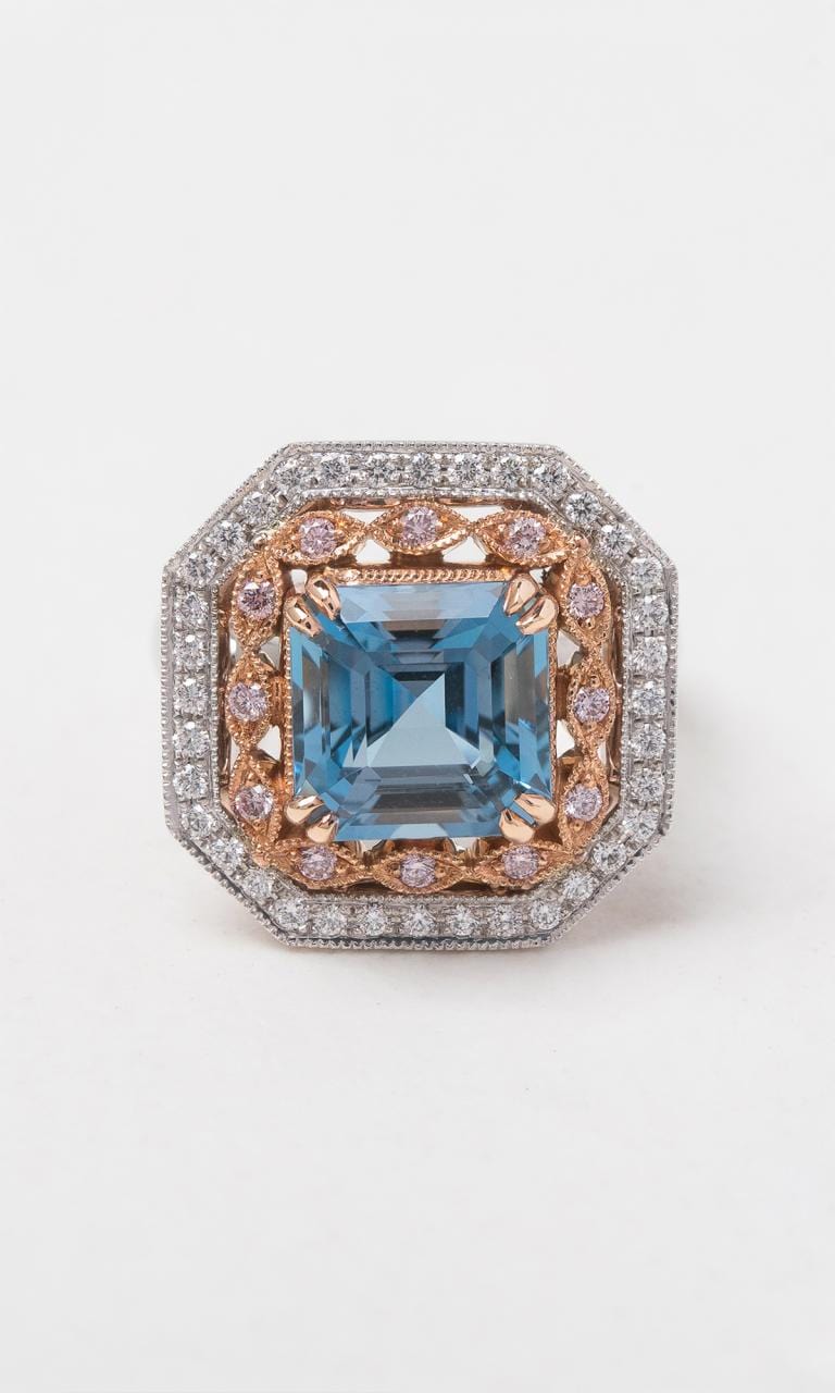 Hogans Family Jewellers 18K RWG Asscher Cut African Aquamarine & Australian Pink Diamond Halo Dress Ring