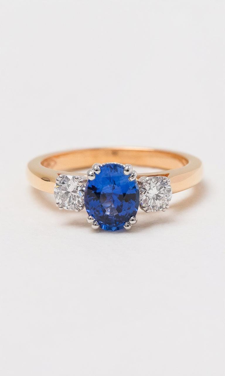 Hogans Family Jewellers 18K RWG Ceylon Sapphire Trilogy Ring