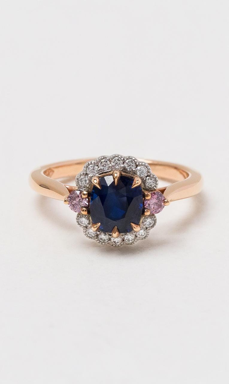 Hogans Family Jewellers 18K RWG Cushion Ceylon Sapphire & Diamond Cluster Ring