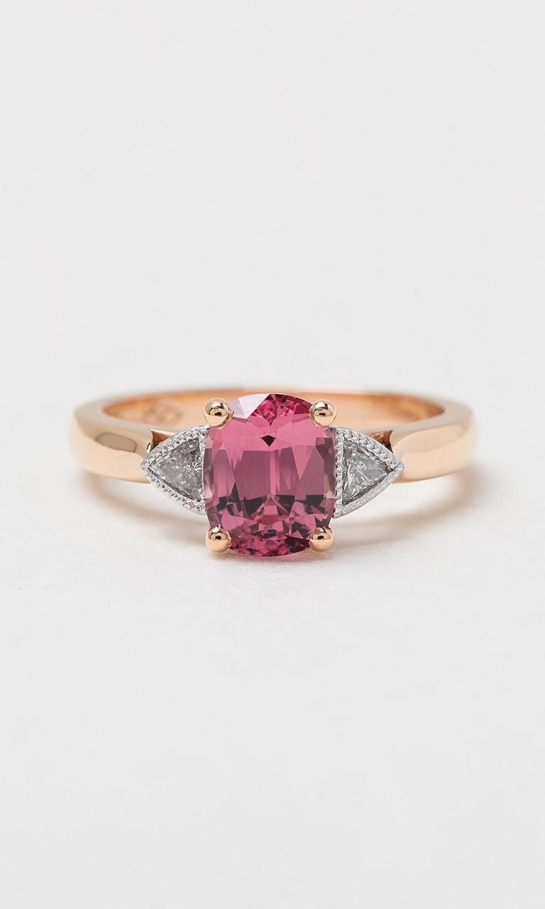 Hogans Family Jewellers 18K RWG Cushion Cut Spinel Trilogy Dress Ring