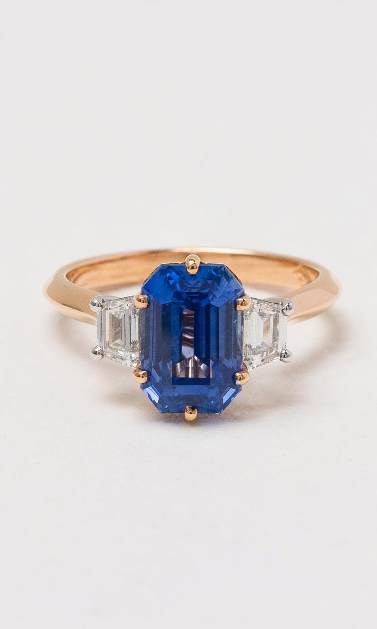 Hogans Family Jewellers 18K RWG Emerald Cut Ceylon Sapphire & Diamond Ring