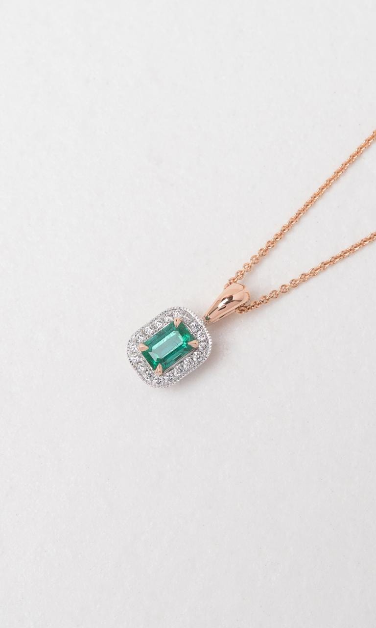Hogans Family Jewellers 18K RWG Emerald Cut Emerald Halo Pendant