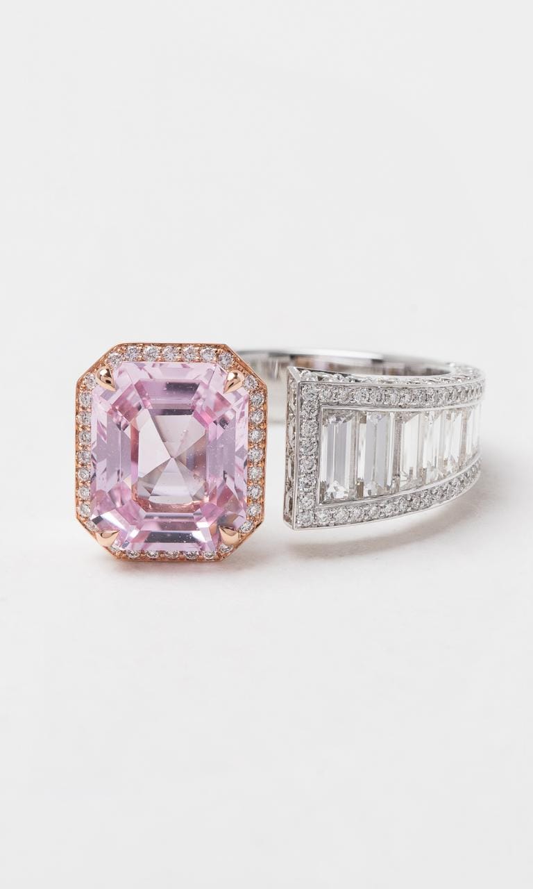 Hogans Family Jewellers 18K RWG Emerald Cut Padparadscha Sapphire Split Ring