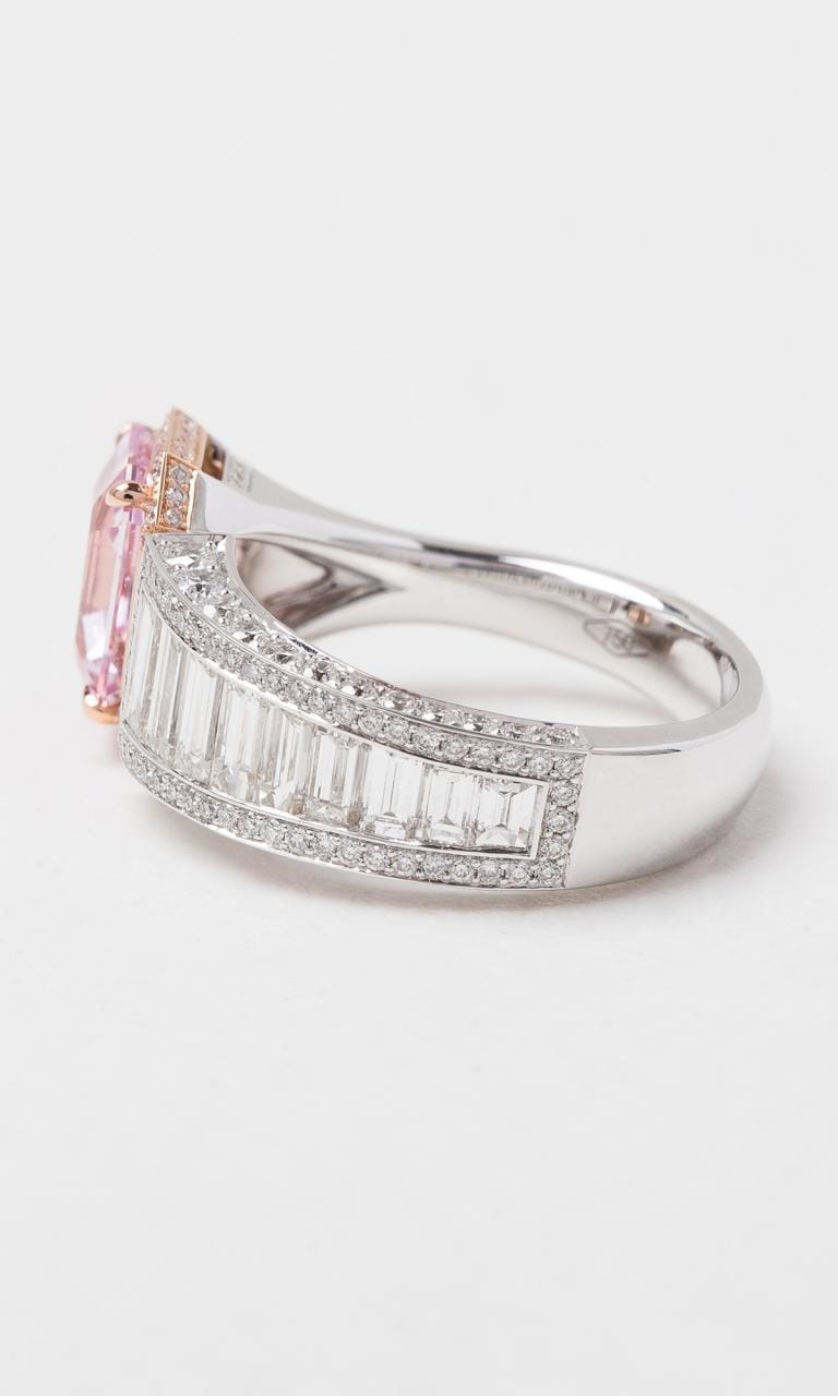 Hogans Family Jewellers 18K RWG Emerald Cut Padparadscha Sapphire Split Ring