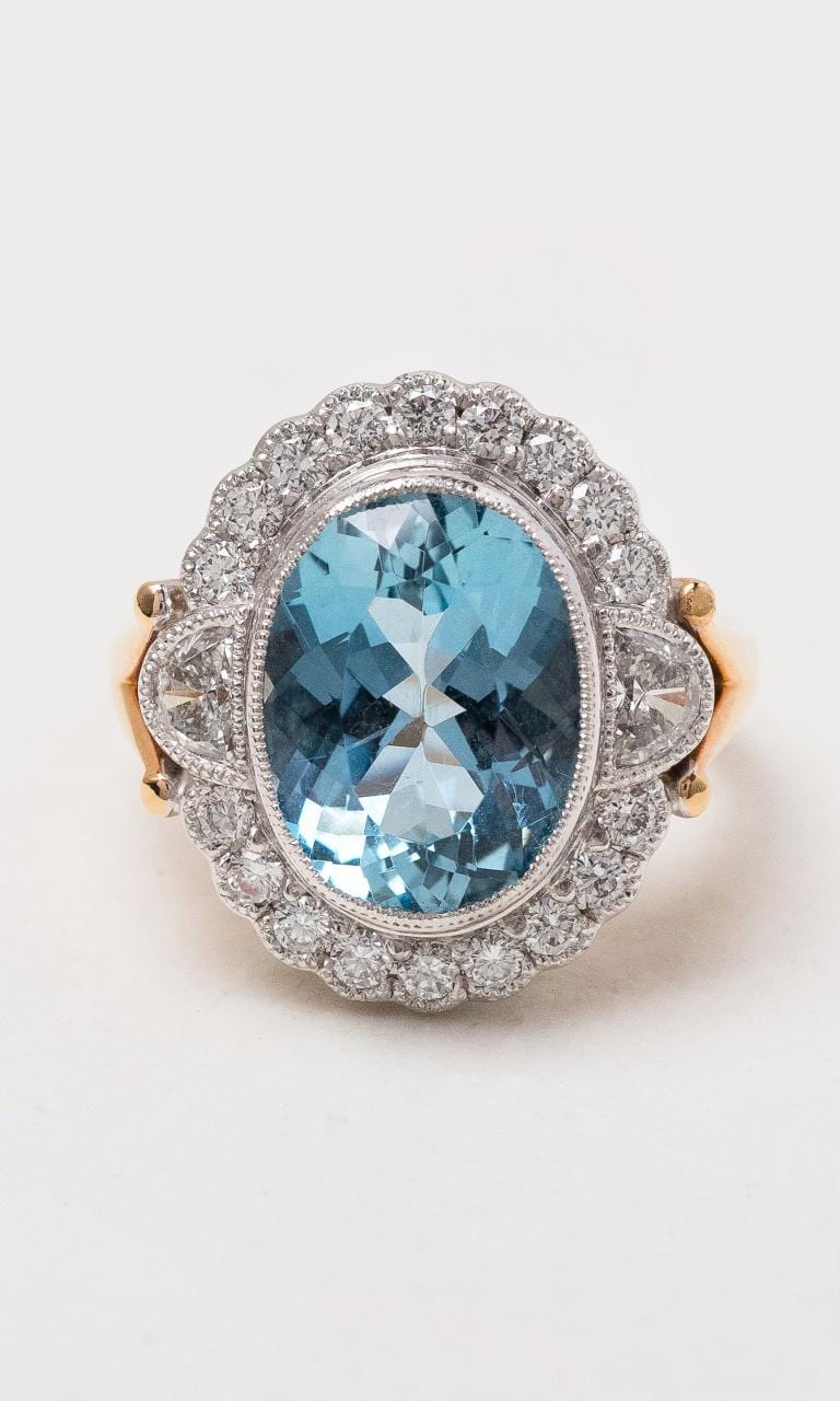 Hogans Family Jewellers 18K RWG Oval Aquamarine & Diamond Cluster Ring