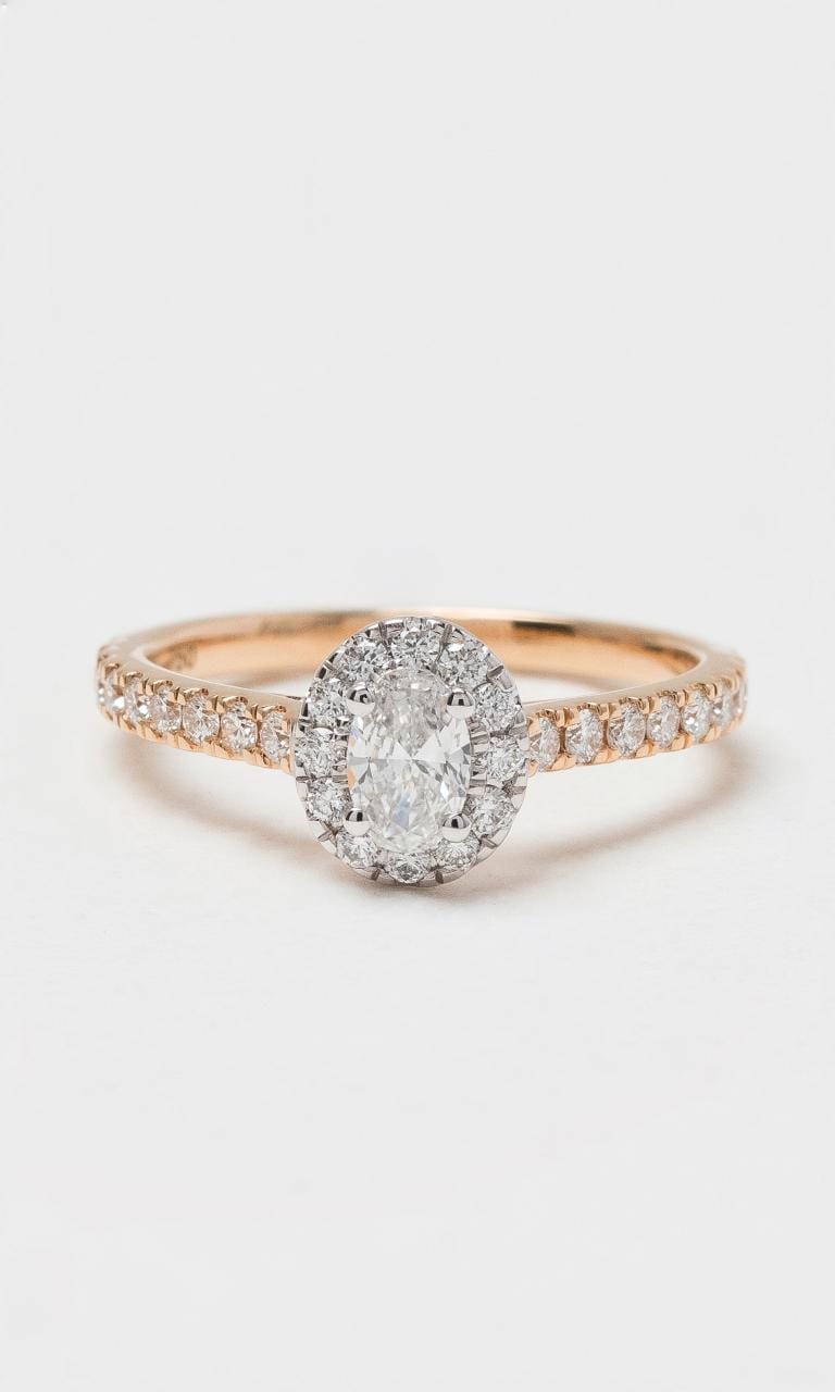 Hogans Family Jewellers 18K RWG Oval Cut Diamond Halo Style Ring