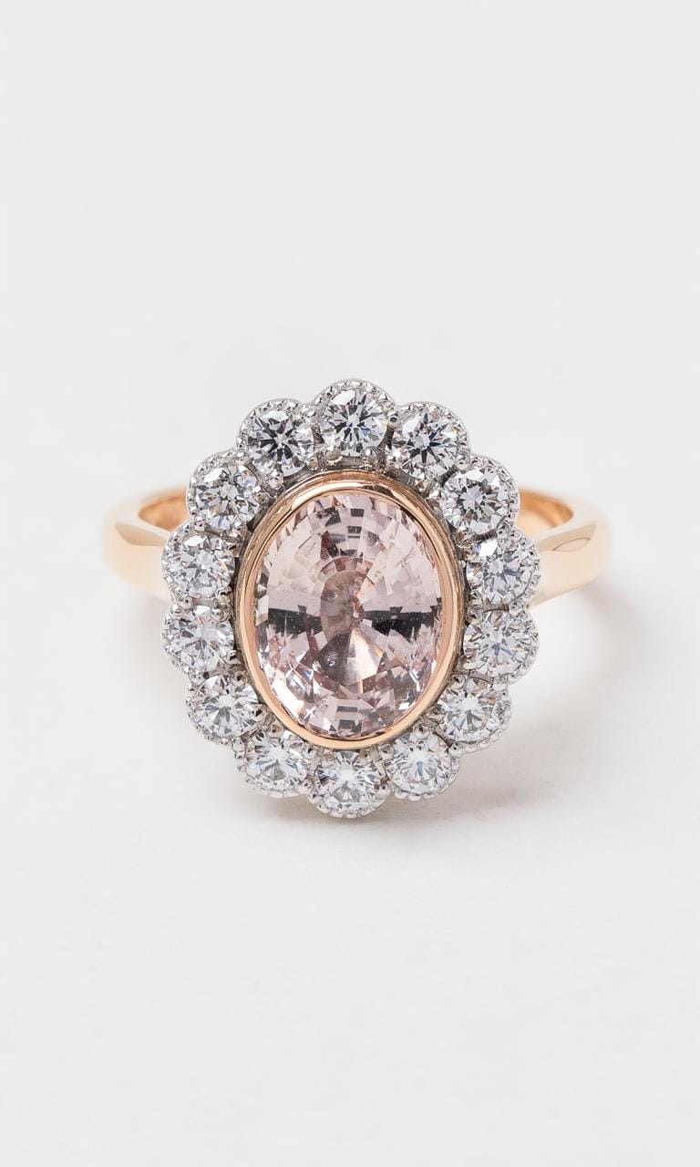 Hogans Family Jewellers 18K RWG Oval Cut Peach Sapphire Halo Ring