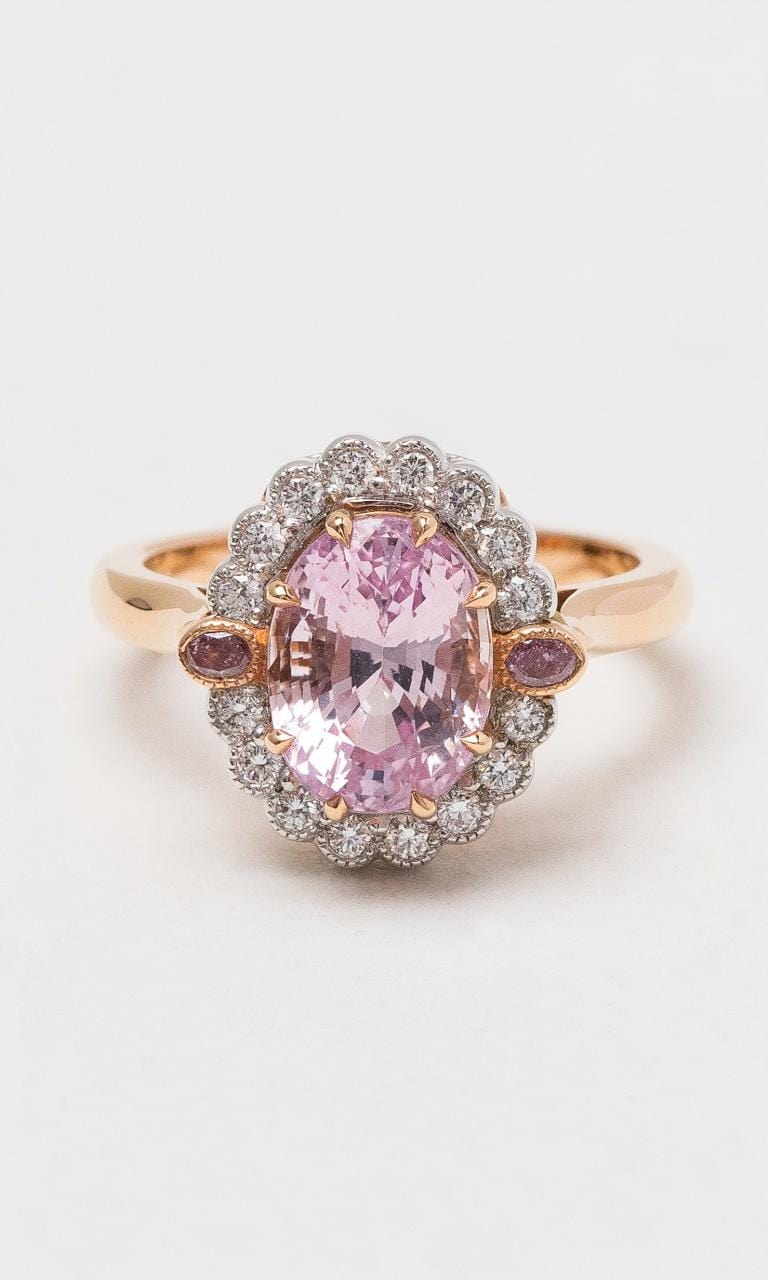 Hogans Family Jewellers 18K RWG Oval Padparadscha & Diamond Cluster Ring