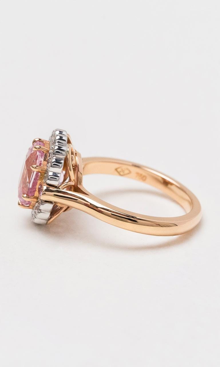 Hogans Family Jewellers 18K RWG Oval Padparadscha & Diamond Cluster Ring