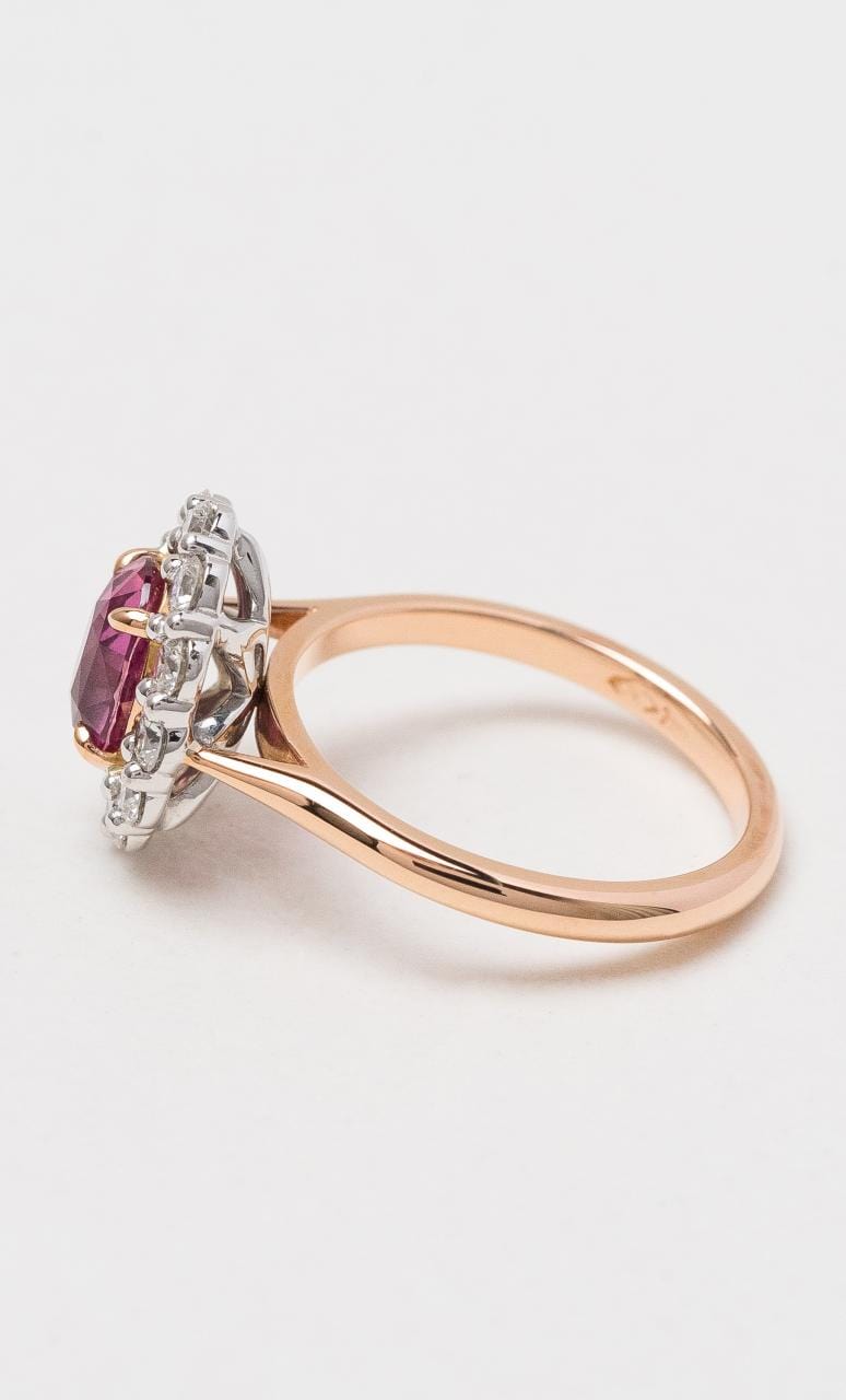 Hogans Family Jewellers 18K RWG Oval Padparadscha & Diamond Halo Sapphire Ring